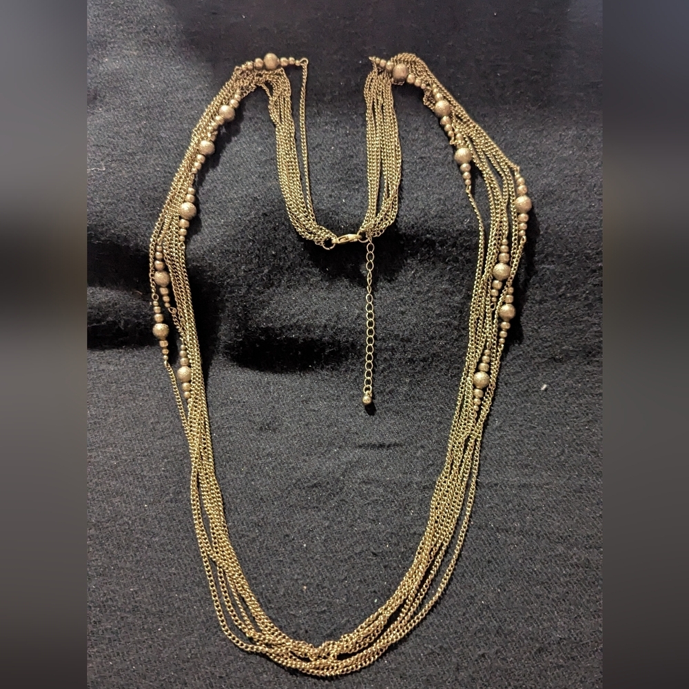 Gold Tone Layered Beaded Chain Long Statement Necklace